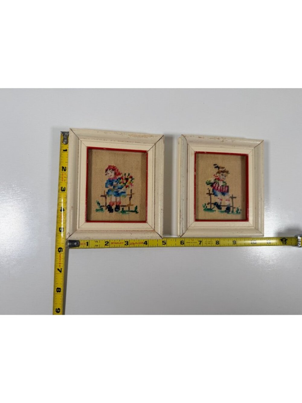 Vintage Set 2 Framed Needlepoint Bavarian Boy & Girl Flowers Accordian 4x5" - Picture 3 of 3
